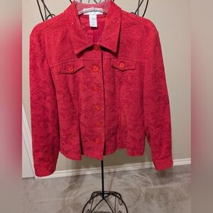 Petite Sophisticate Red Embossed Jean Jacket